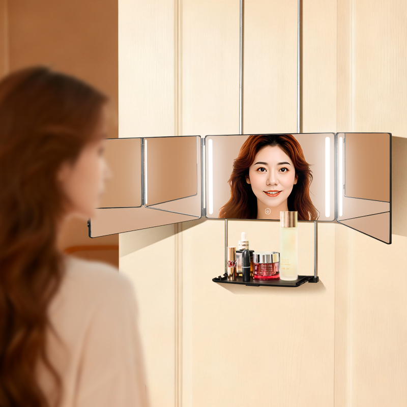 Miroir de coiffure mural pliable à LED avec vue à 360° et plateau inclus. 4
