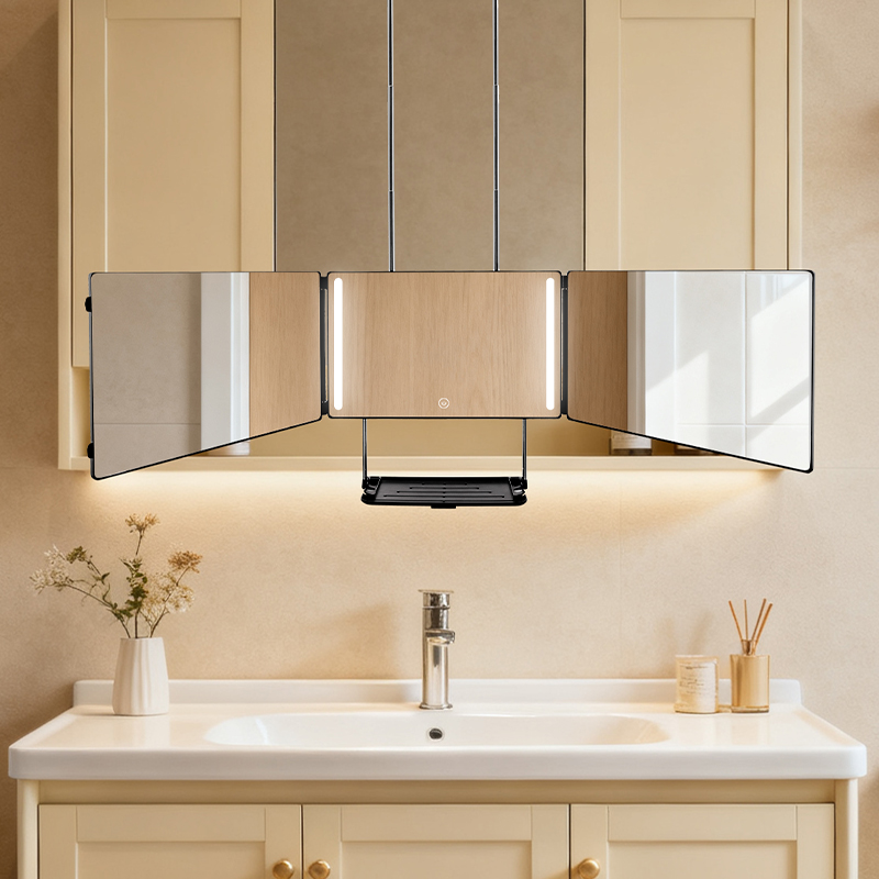 Miroir LED triple avec plateau, monté sur meuble de salle de bain pour le toilettage