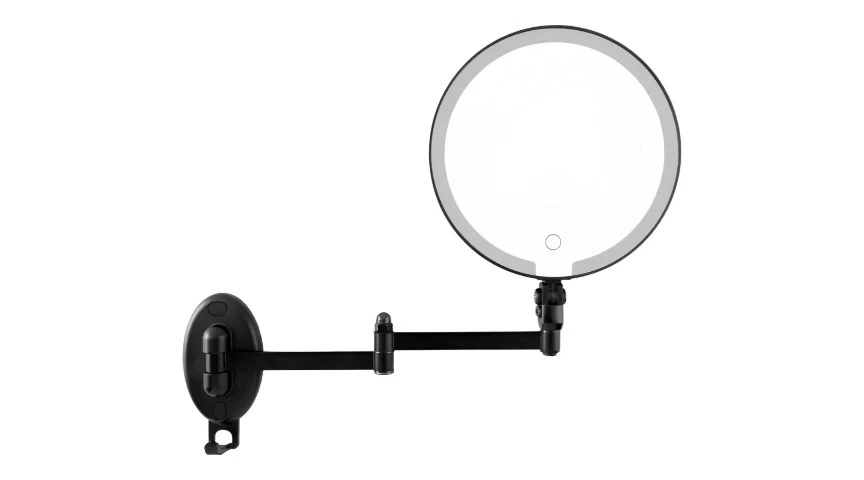 Hotel-grade 7X magnifying LED wall-mounted makeup mirror with extendable arm and double-sided bathroom shaver mirror. 1