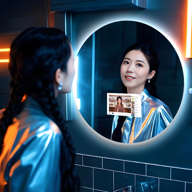 Miroir de salle de bain intelligent avec écran, réveil et miroir de maquillage. 1