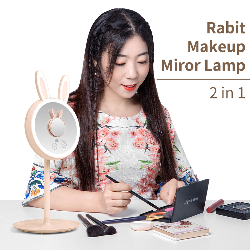 Cute Rabbit LED Makeup Mirror with Touch Light & 10X Magnifier