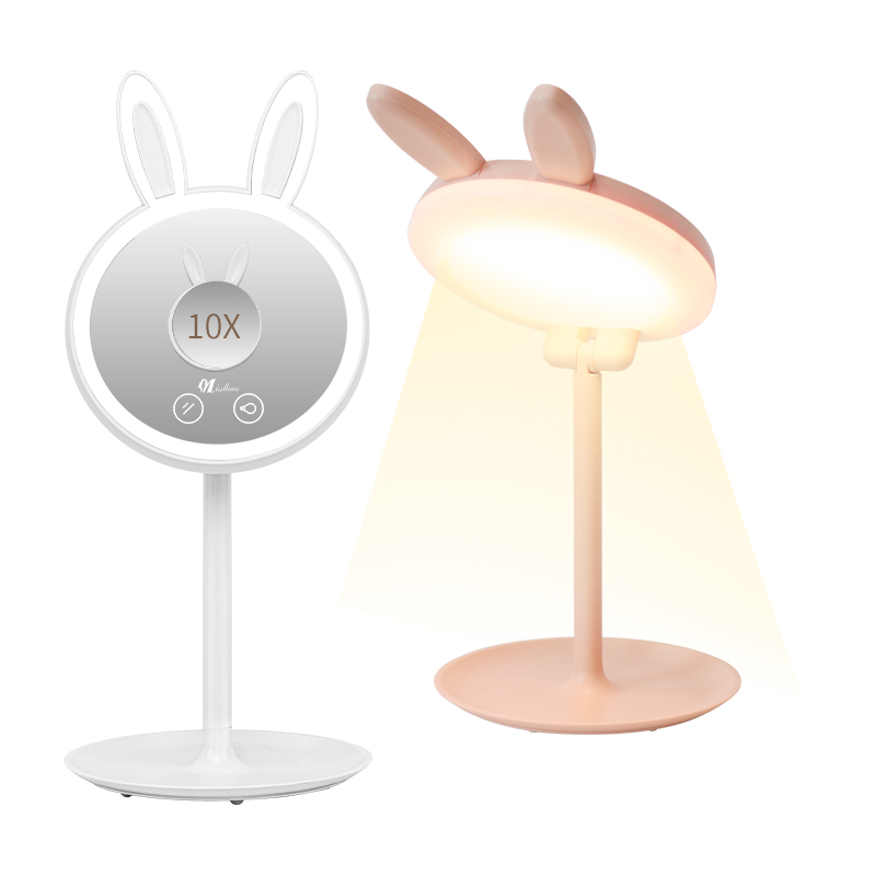 Foldable rabbit LED mirror with warm light, 10x magnification for makeup