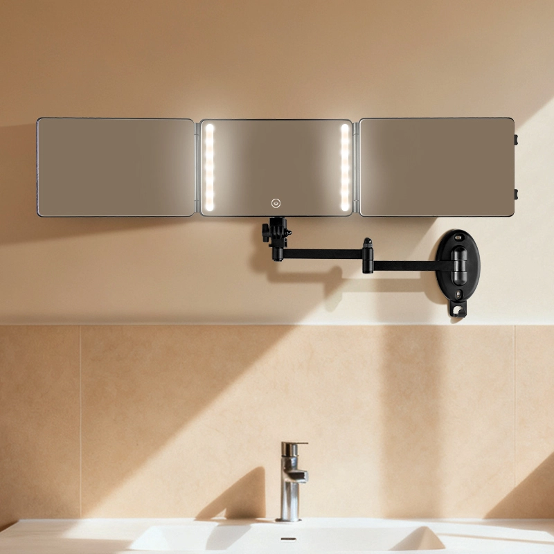 Wall Mount Tri Fold LED Mirror Extendable Arm Dimmable
