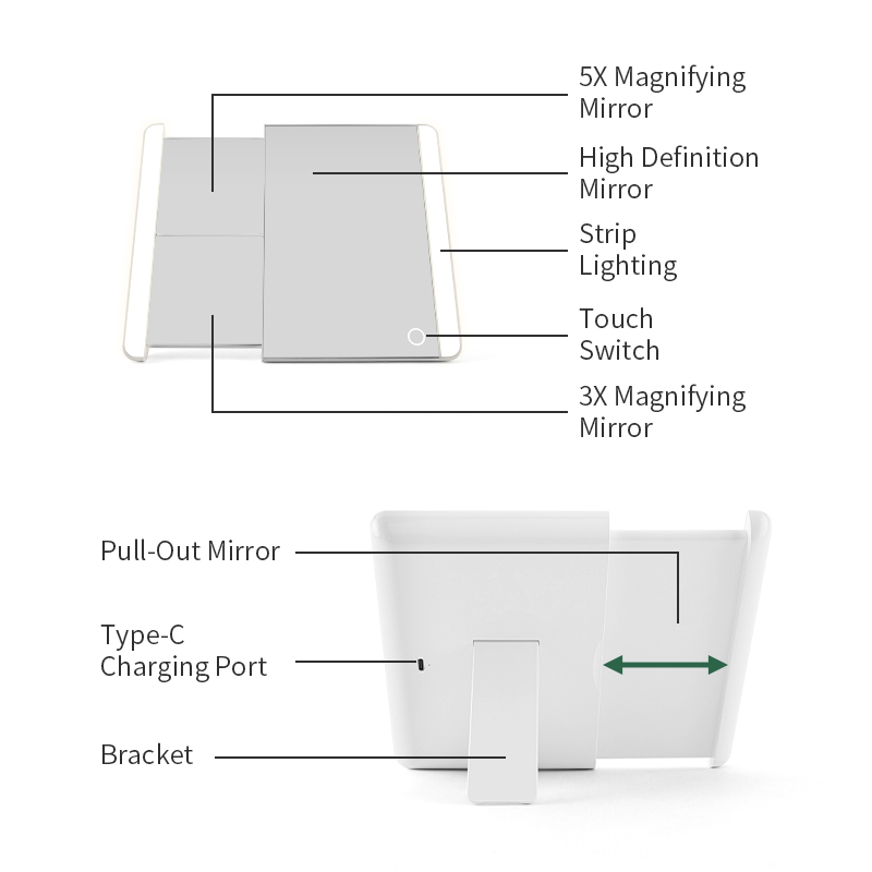 Retractable Mirror - Front Back Details Magnification Charging Port