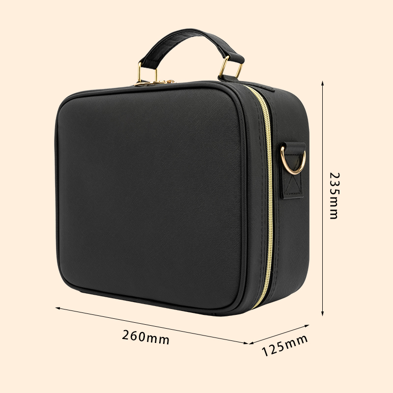 Trousse de maquillage - Noir avec fermeture éclair dorée et dimensions 260x235x125mm