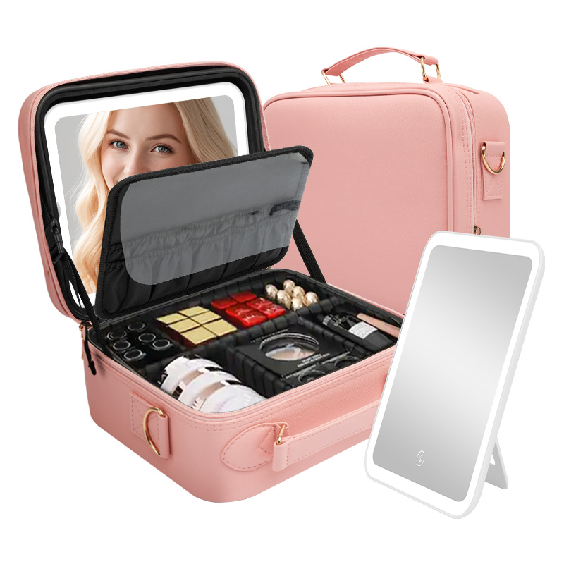 Trousse de maquillage rose – Vue ouverte avec miroir LED amovible et cosmétiques organisés