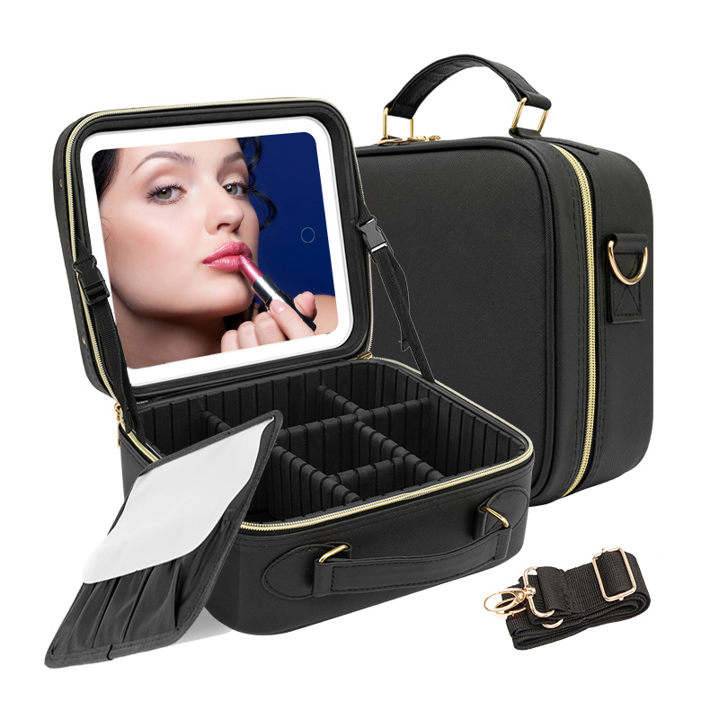 Trousse de maquillage - Vue ouverte et fermée avec miroir LED et sangle de transport