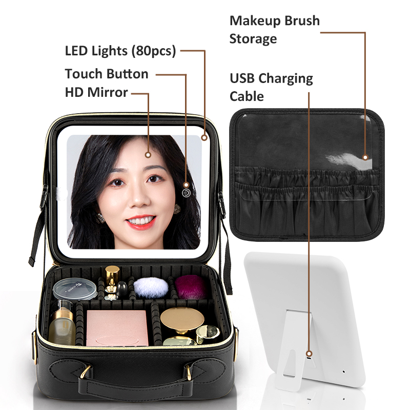 Trousse de maquillage - Vue détaillée du miroir LED, du rangement des pinceaux et du câble de chargement