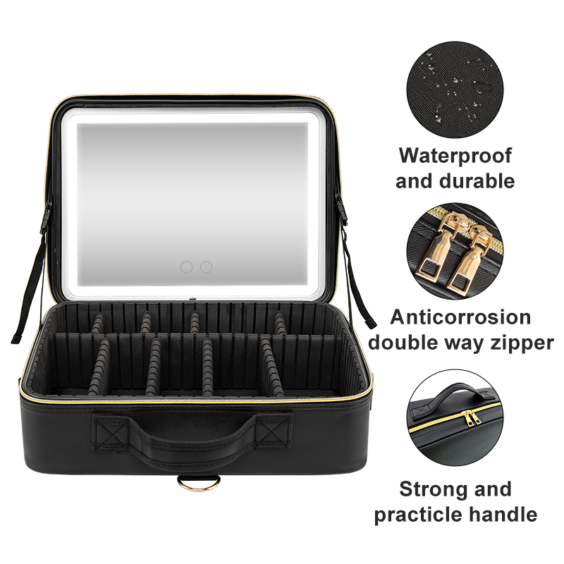 Black LED Makeup Case - Open View Highlighting Waterproof Material and Double Zipper
