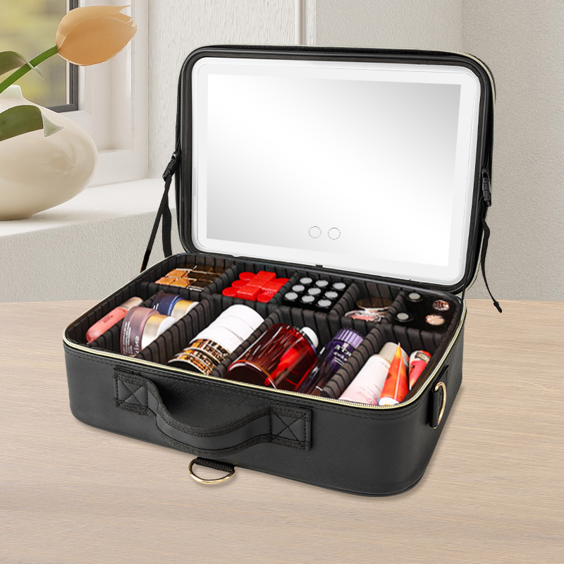 Black Makeup Bag with LED Mirror - Open View Showing Organized Cosmetic Storage