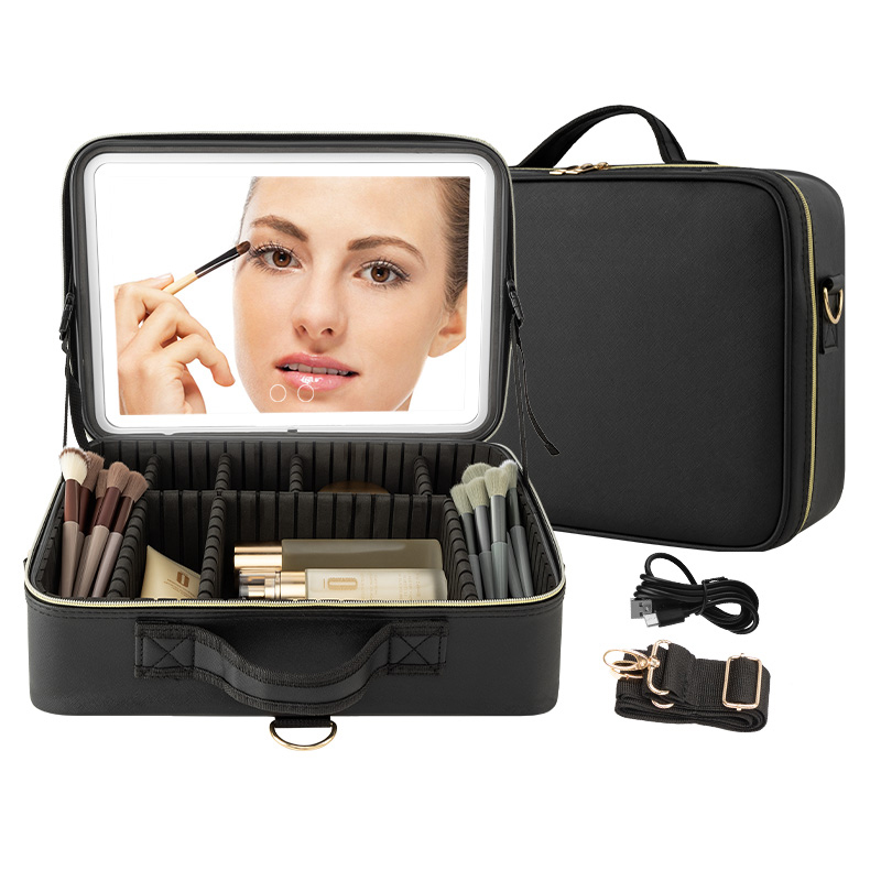 Black LED Makeup Bag - Open View with Detachable Shoulder Strap and USB Cable