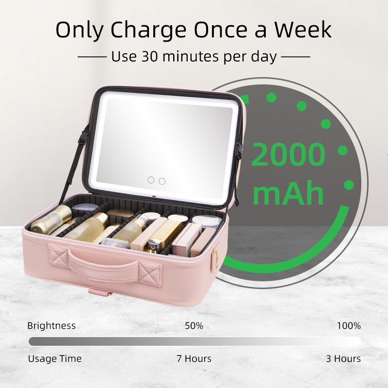 Pink LED Makeup Bag - 2000mAh Battery Life and Brightness Settings Display