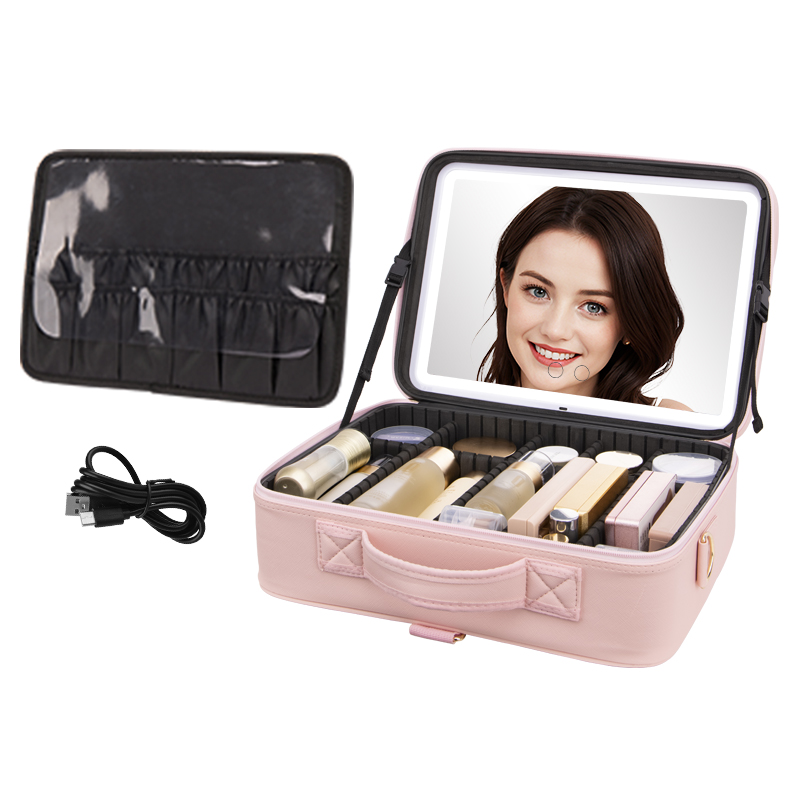 Pink Makeup Bag with Mirror - Open View with Detachable Pouch and USB Cable
