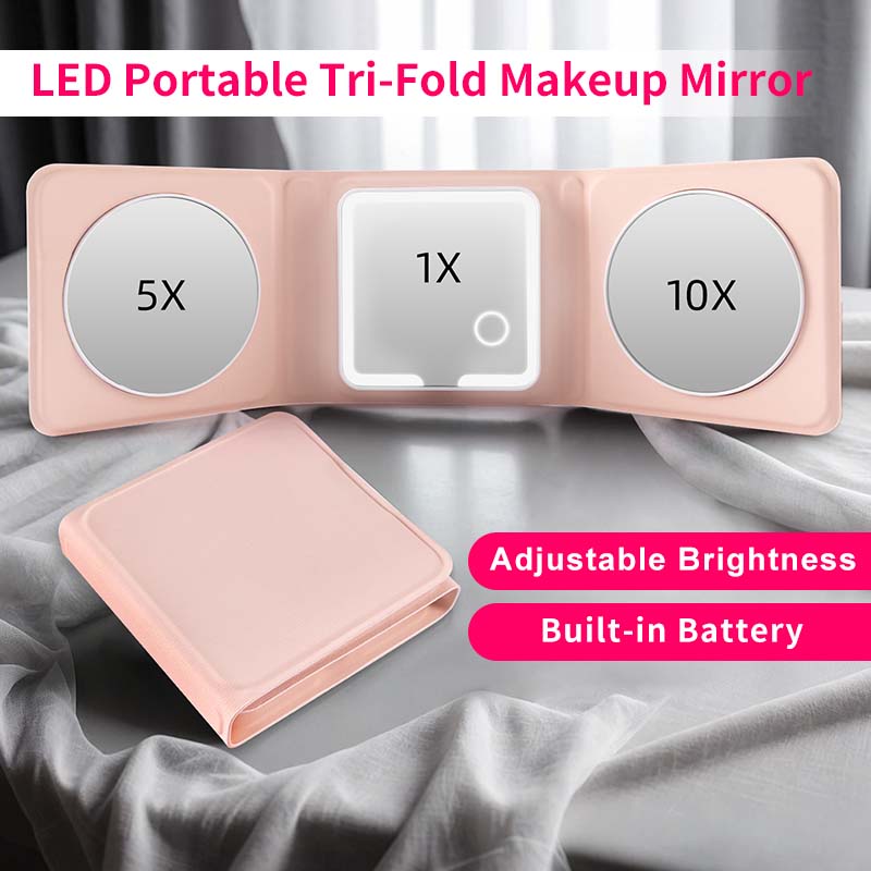 Miroir de maquillage LED à trois volets – Vue ouverte montrant un grossissement 1X, 5X, 10X