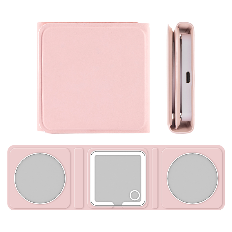 Miroir de maquillage portable à trois volets avec éclairage LED, rechargeable et à intensité variable par simple contact, grossissement 5x et 10x. 3