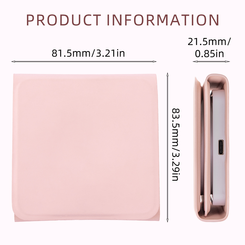 Miroir de maquillage LED rose - Dimensions du produit et spécifications d'épaisseur pliée