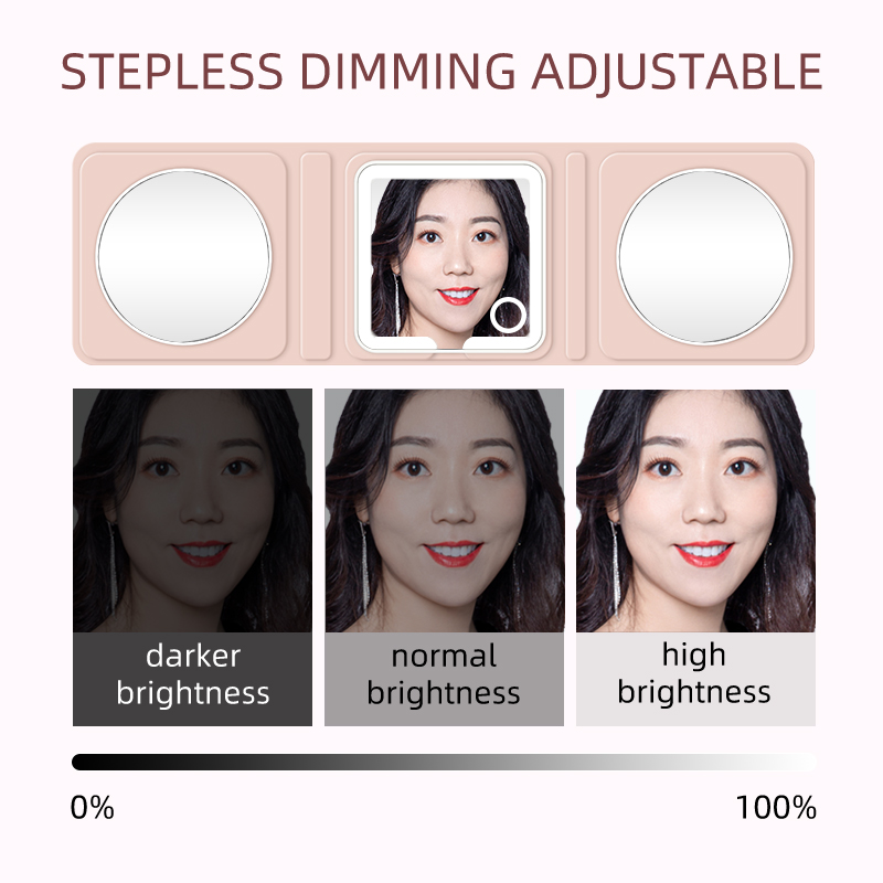 Miroir de maquillage portable à trois volets avec éclairage LED, rechargeable et à intensité variable par simple contact, grossissement 5x et 10x. 5