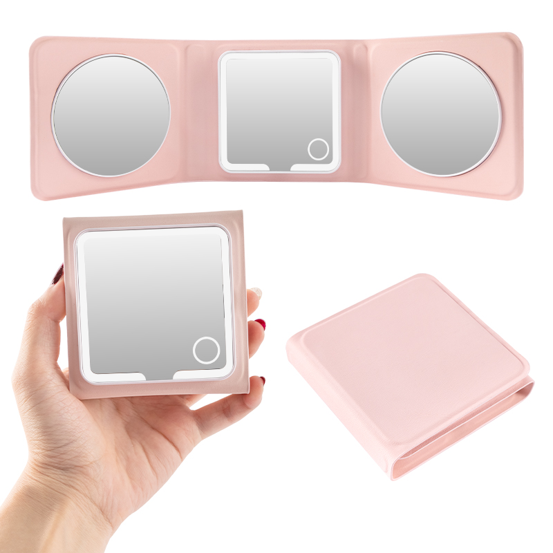 Miroir de maquillage LED rose à trois volets – Vues ouvertes et fermées avec bouton tactile