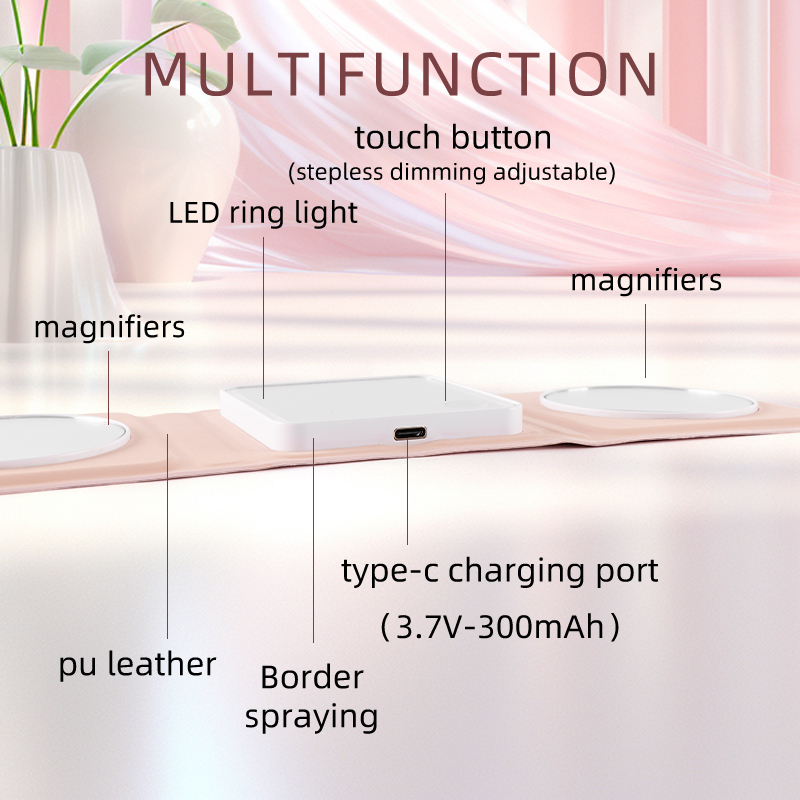 Caractéristiques du miroir de maquillage LED – Schéma montrant le bouton tactile, le port de type C et les loupes