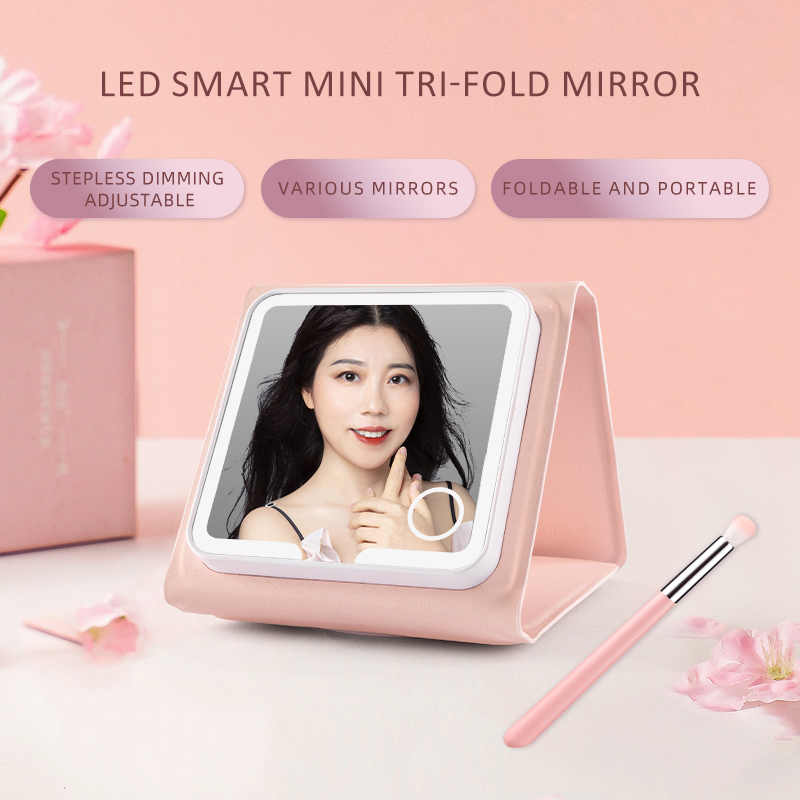 Mini miroir à trois volets intelligent à LED - Miroir de maquillage pliable rose avec gradation en continu
