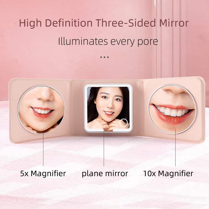 Miroir de maquillage portable à trois volets avec éclairage LED, rechargeable et à intensité variable par simple contact, grossissement 5x et 10x. 4