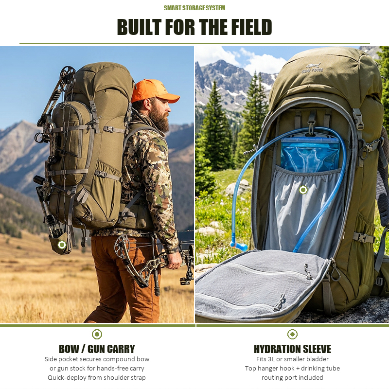 GAF 85L 500D Nylon Hunting Backpack with Ultralight Carbon Fiber External Frame 905-051 Bow Rifle Carrier Pack 3