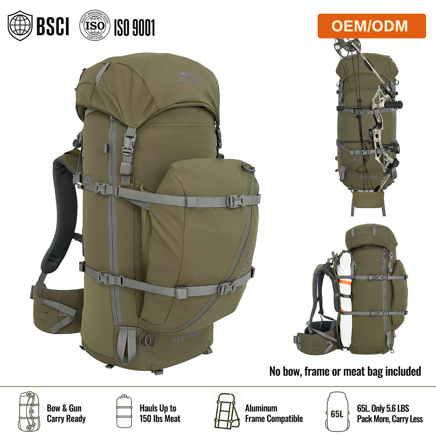 GAF 65L 500D nylon jaktryggsekk med ultralett utvendig aluminiumsramme 905-046 bue-riflebærersekk 1