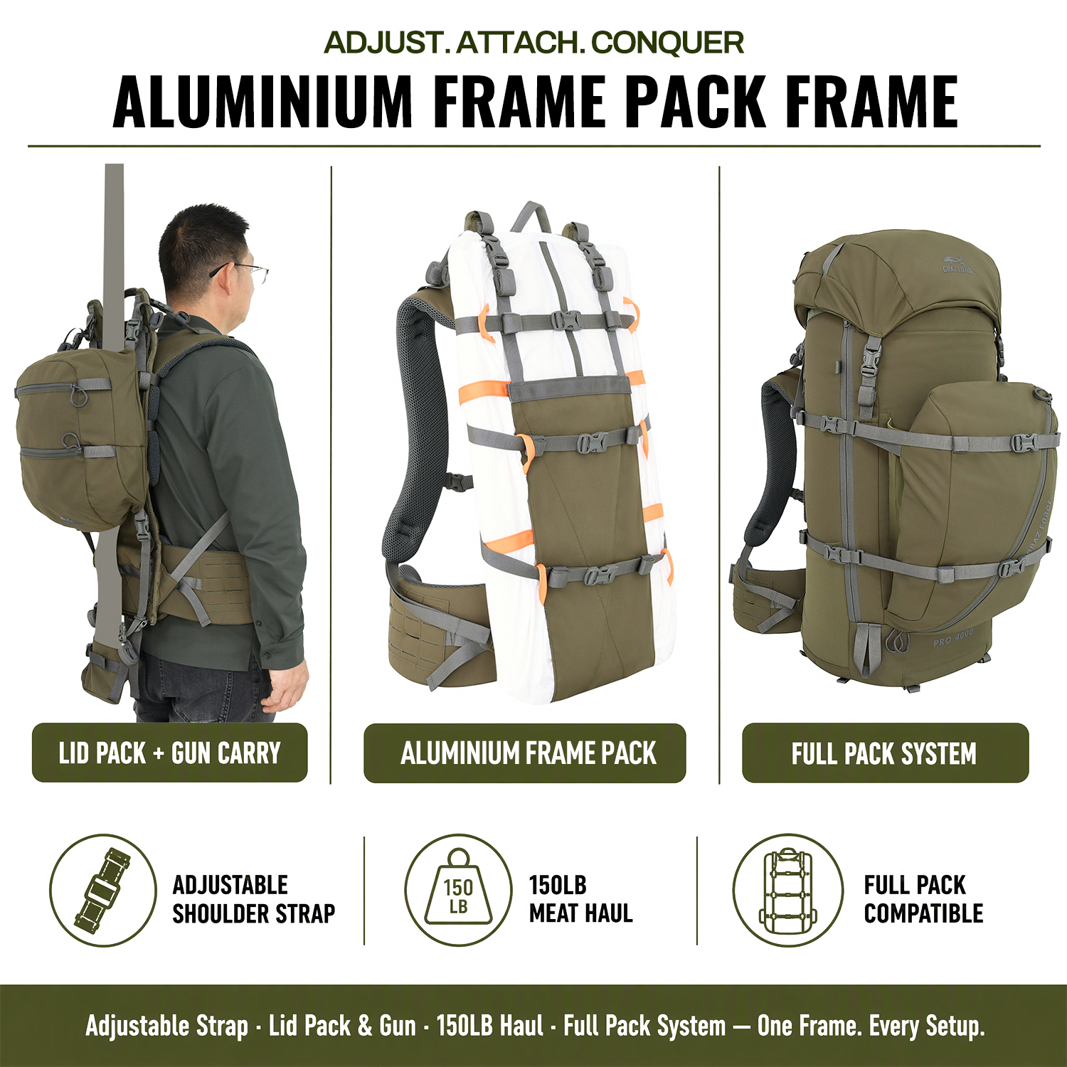 GAF 65L 500D nylon jaktryggsekk med ultralett utvendig aluminiumsramme 905-046 bue-riflebærersekk 3
