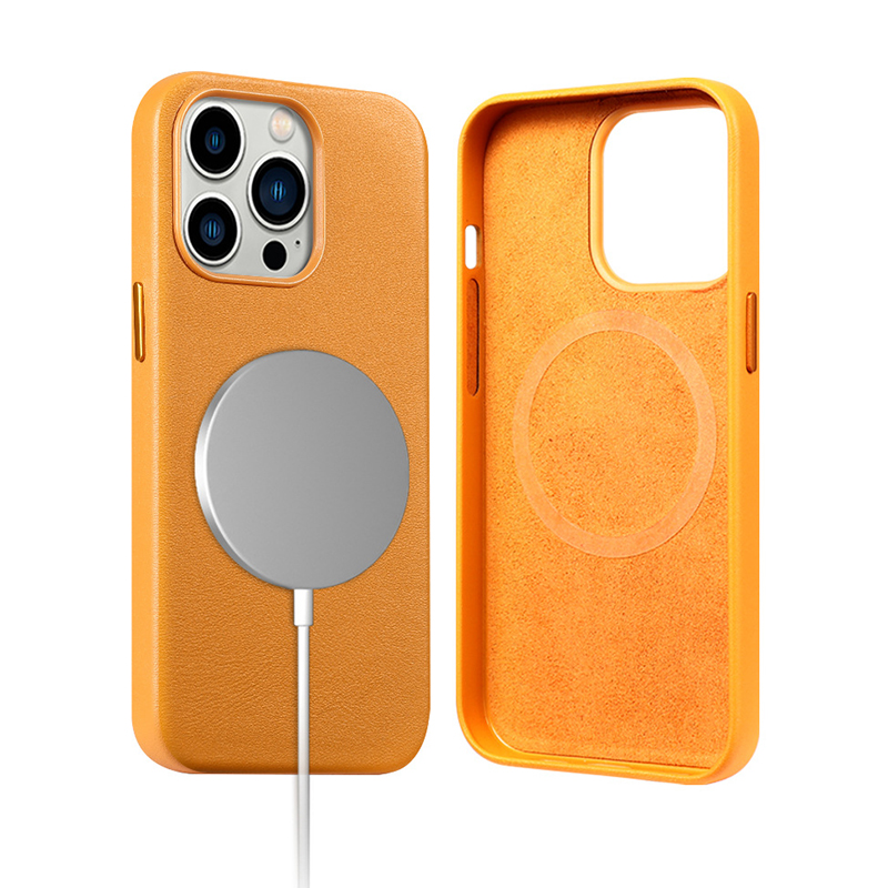 Top Grain Leather Shockproof Metal buttons mag safe Phone Case 4