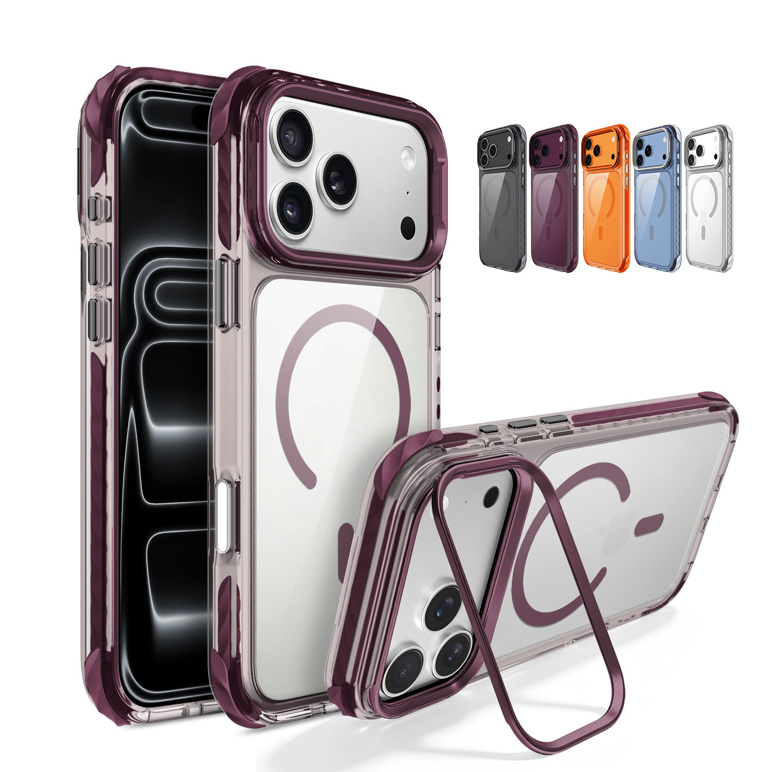iPhone 18 Pro Max Magnetic Case with Metal Lens Stand – Transparent Scratch-Resistant PC Back, TPE Bumper Protection 1