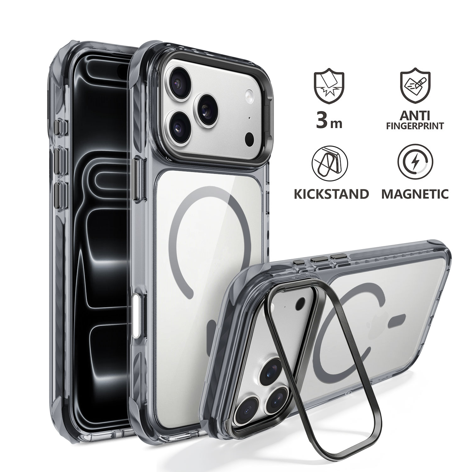 Metal Kickstand Case for iPhone 18 Pro Max – Clear Hard PC Back, Built-in Magnets, TPE Edge Bumper, Supports MagSafe 1