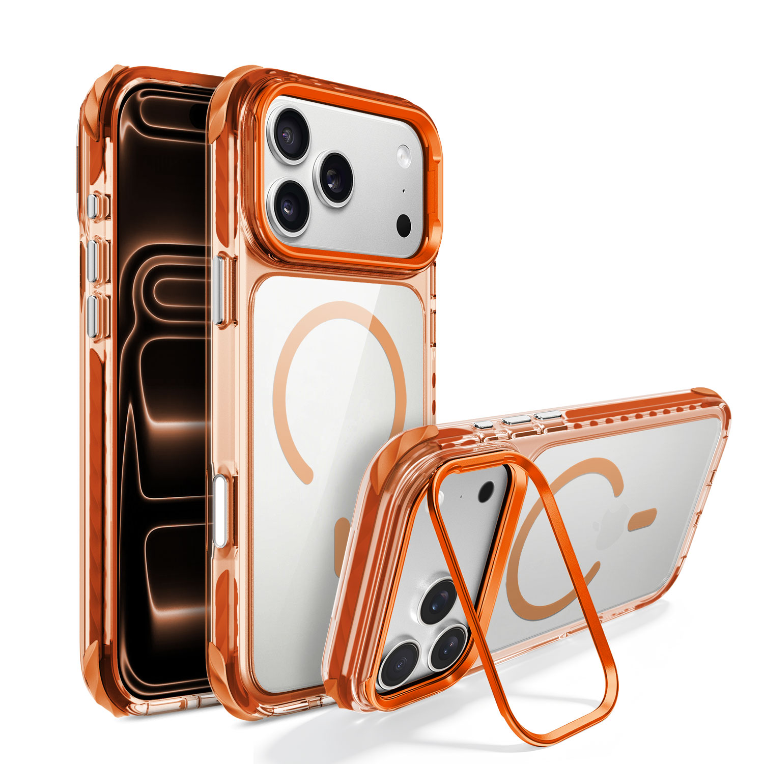 Metal Kickstand Case for iPhone 18 Pro Max – Clear Hard PC Back, Built-in Magnets, TPE Edge Bumper, Supports MagSafe 7