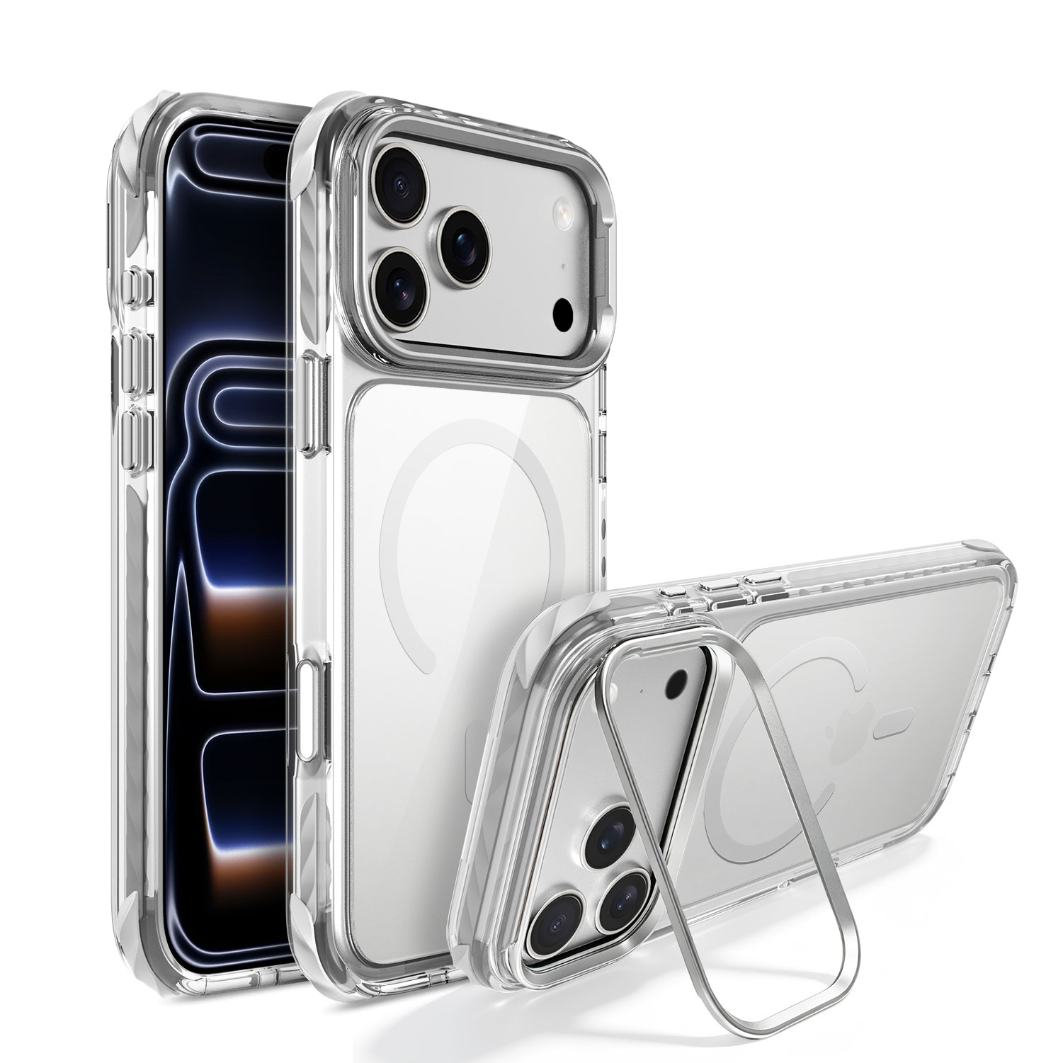 Metal Kickstand Case for iPhone 18 Pro Max – Clear Hard PC Back, Built-in Magnets, TPE Edge Bumper, Supports MagSafe 6