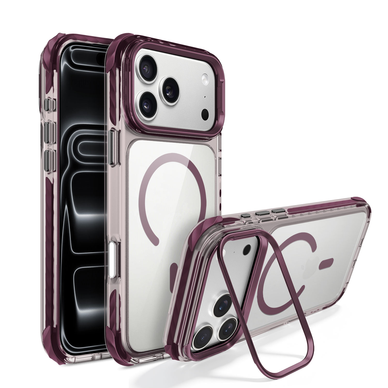 Metal Kickstand Case for iPhone 18 Pro Max – Clear Hard PC Back, Built-in Magnets, TPE Edge Bumper, Supports MagSafe 4