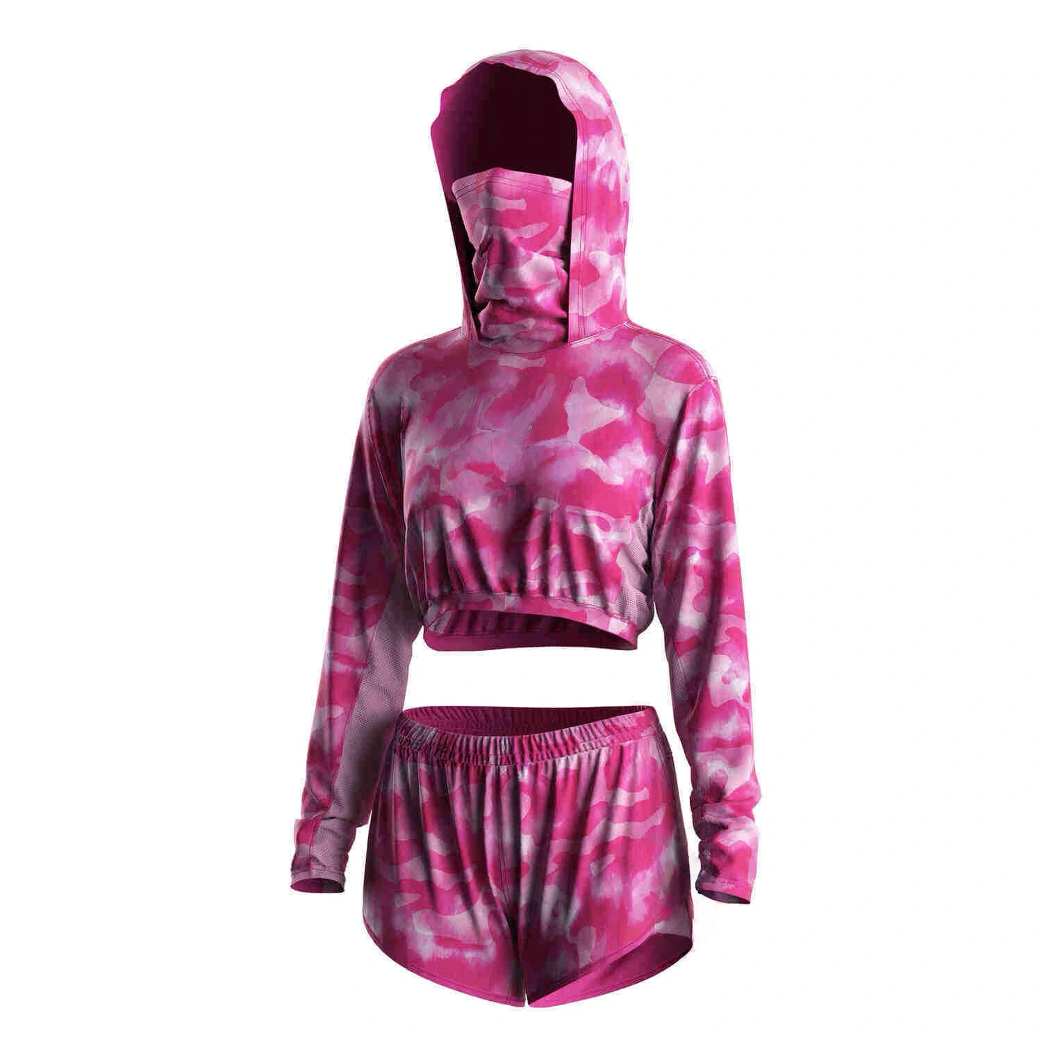Wholesale Custom Blank Women's Pink Camo Hooded Long Sleeve UV Protection Fishing Shirt & Shorts Set 1