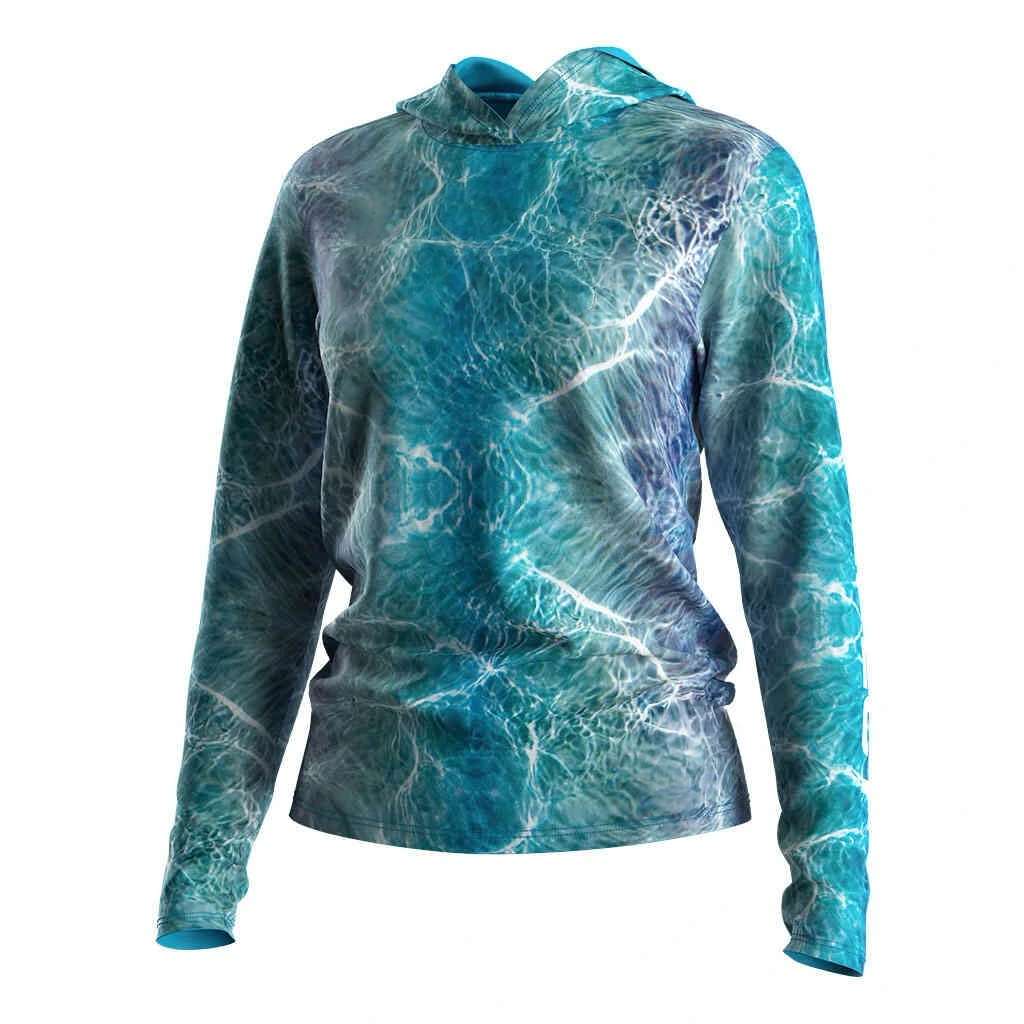 Wholesale Custom Blank Women's Ocean Wave Print Hooded Long Sleeve UV Protection Fishing Shirt 1
