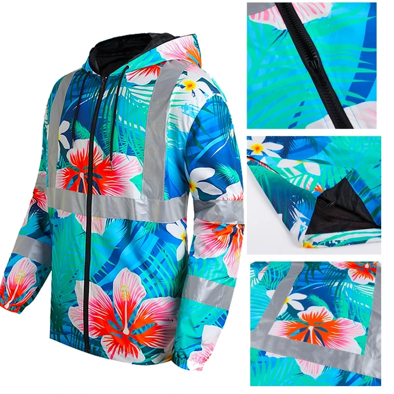 Custom Hawaiian Print Hi Vis Safety Jacket - Lightweight Waterproof Reflective Work Windbreaker by Dery 1