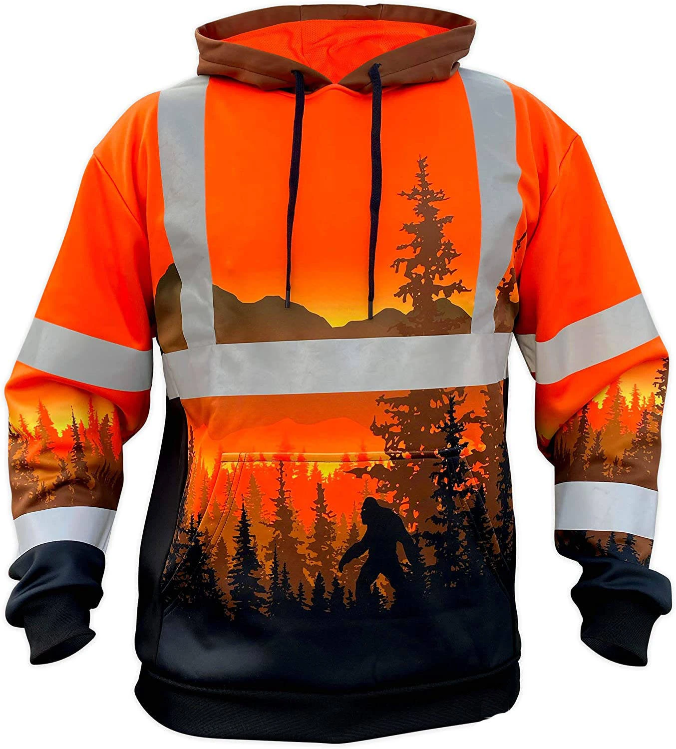 Beautiful Stretched Material Orange Reflective Hi Vis Hoodie - Bigfoot Forest Print High Visibility Jacket by Dery 1