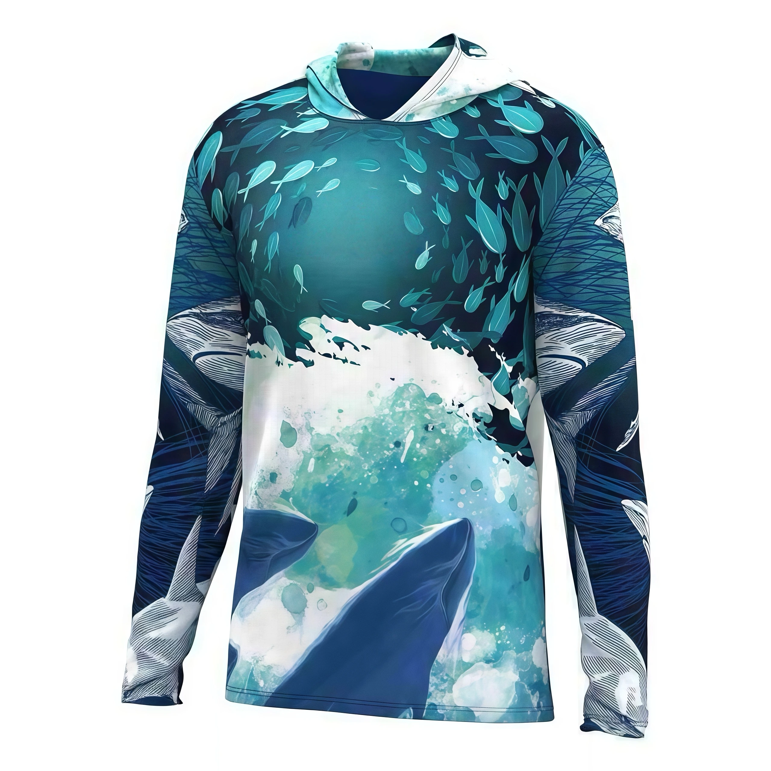 Camiseta de pesca con capucha y estampado de olas y tiburones por sublimación personalizada - Ropa de pescador con protección solar de Dery 1