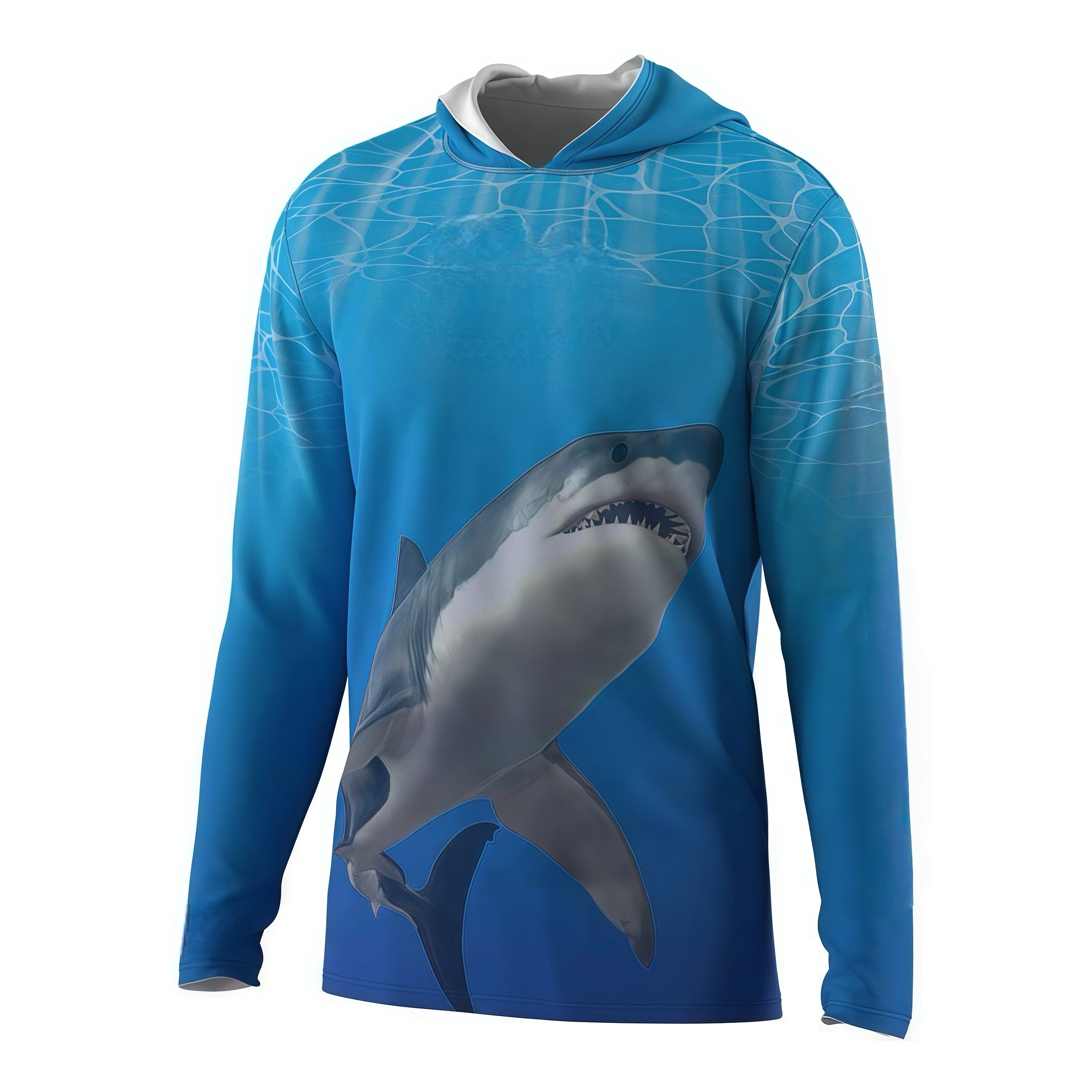 Camisa de pesca con capucha y protección solar UPF personalizada con estampado de tiburón - Cool Angler Sun Protection Apparel by Dery 1