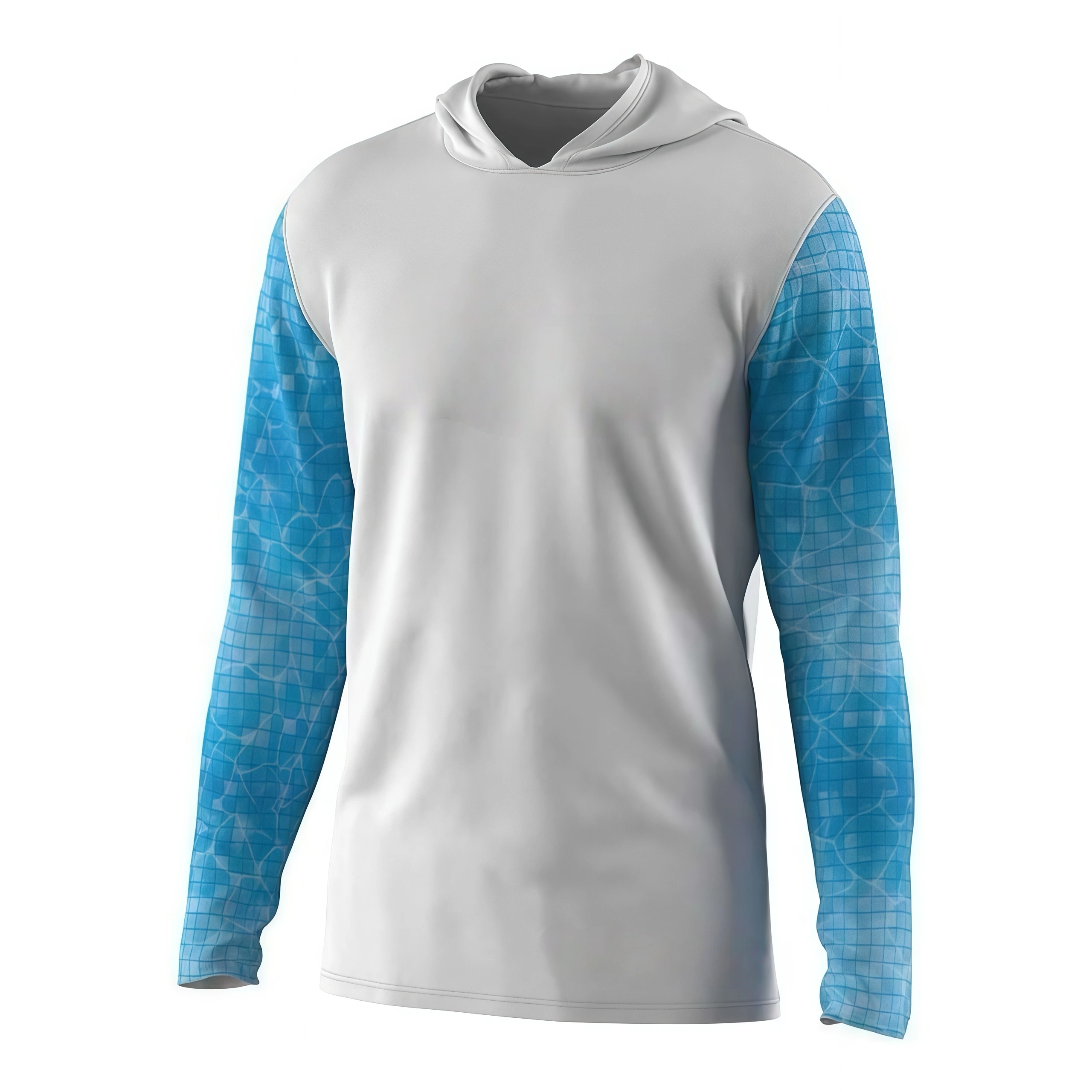 Camisa de pesca de manga larga con capucha y protección solar UPF, con estampado de peces azul y blanco personalizado - Ropa de pescador con logotipo de Dery 1