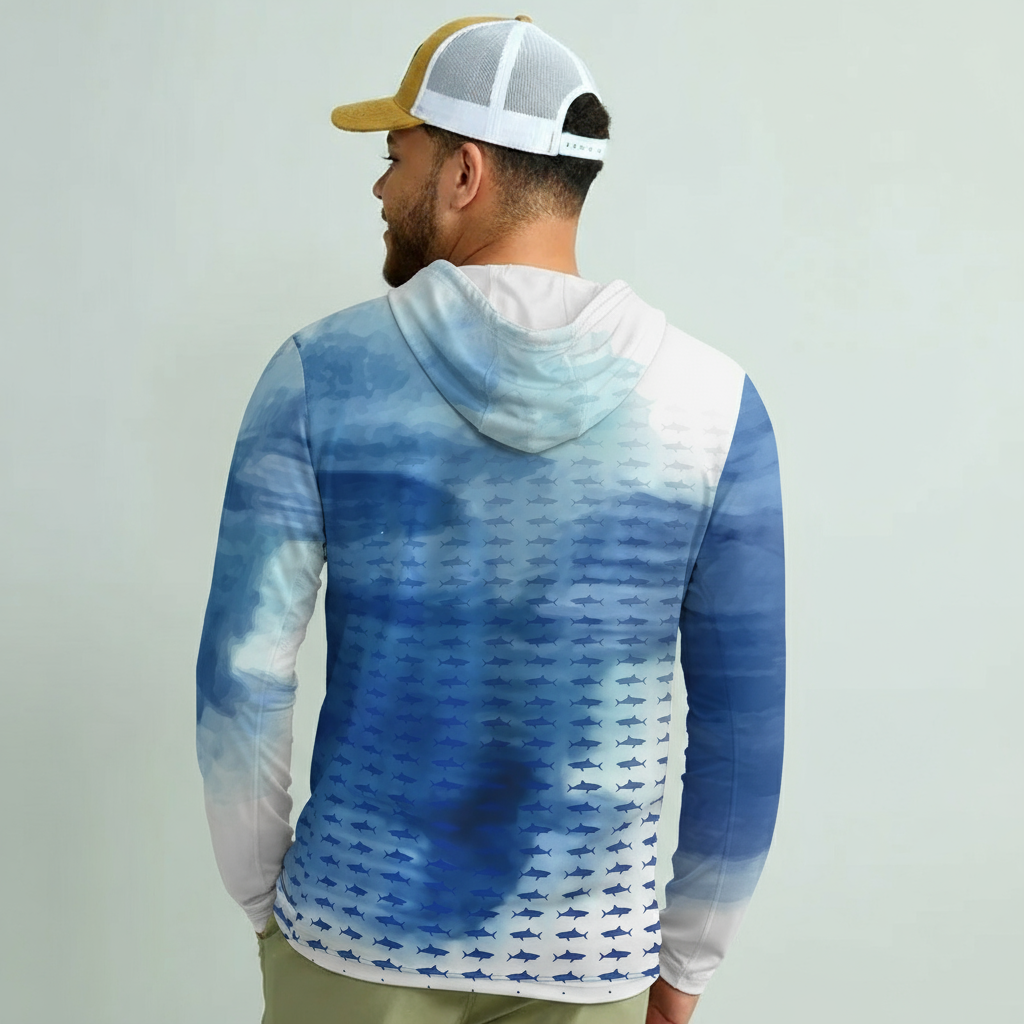 Custom Blue-White Grid Gradient Hooded UPF Fishing Shirt - Designed Sun Protective Angler Apparel by Dery 6