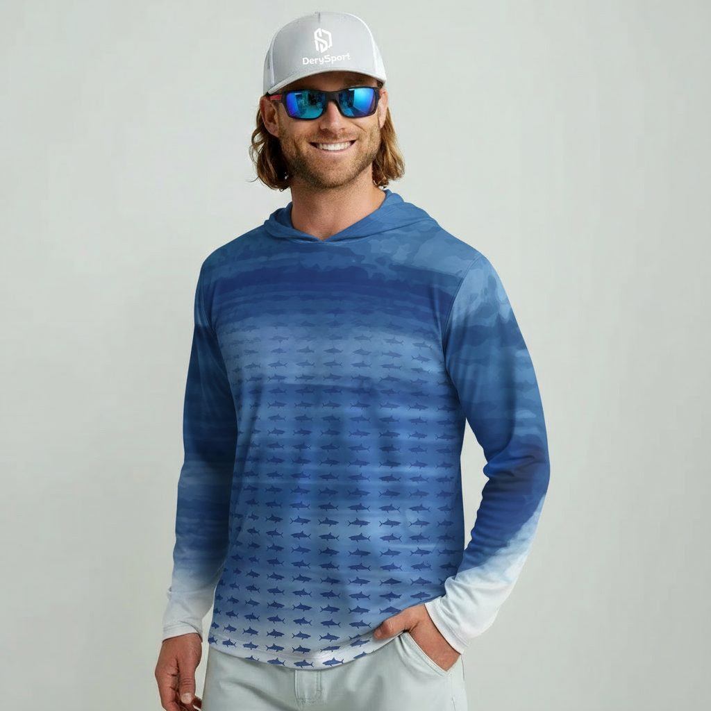 Custom Blue-White Grid Gradient Hooded UPF Fishing Shirt - Designed Sun Protective Angler Apparel by Dery 5
