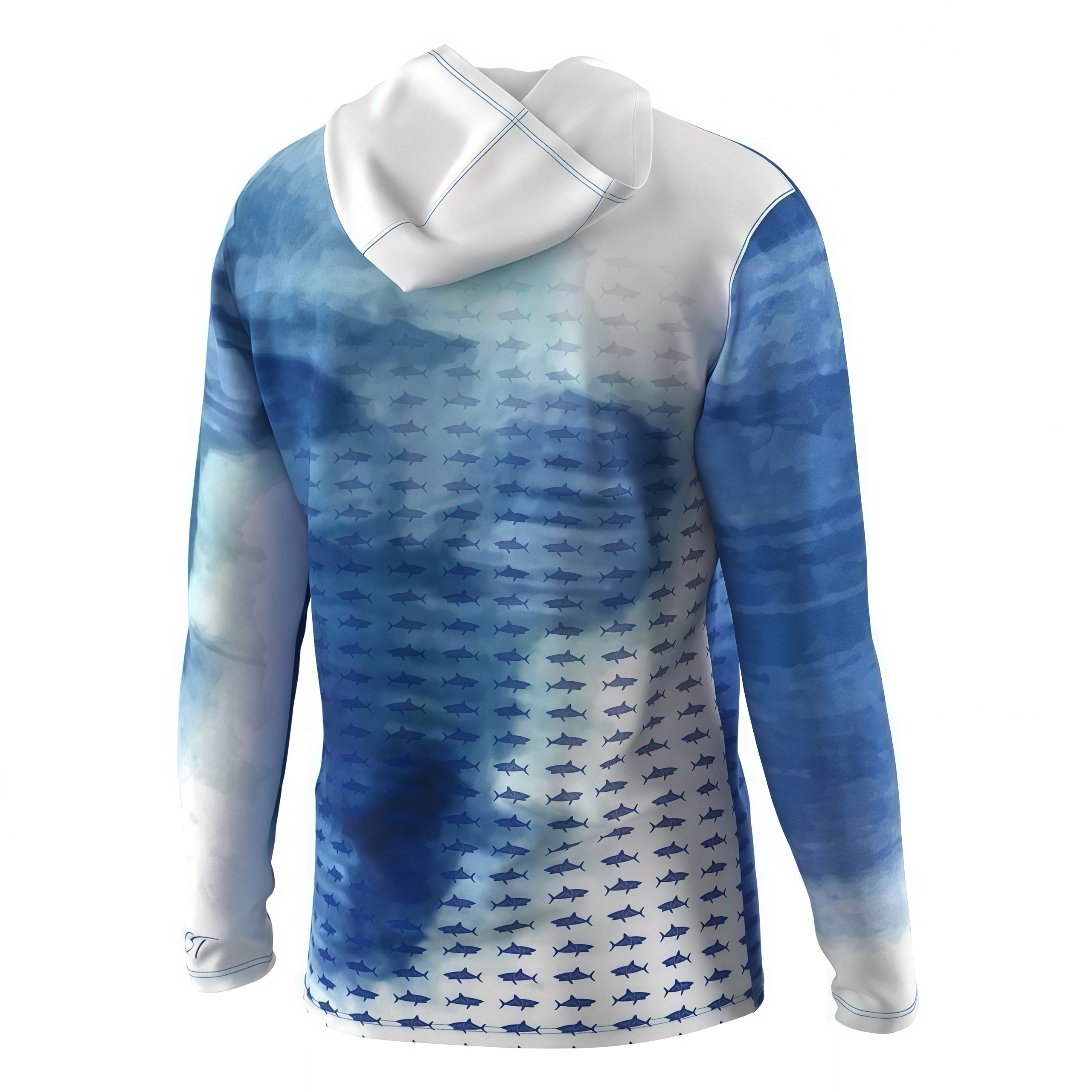 Custom Blue-White Grid Gradient Hooded UPF Fishing Shirt - Designed Sun Protective Angler Apparel by Dery 3