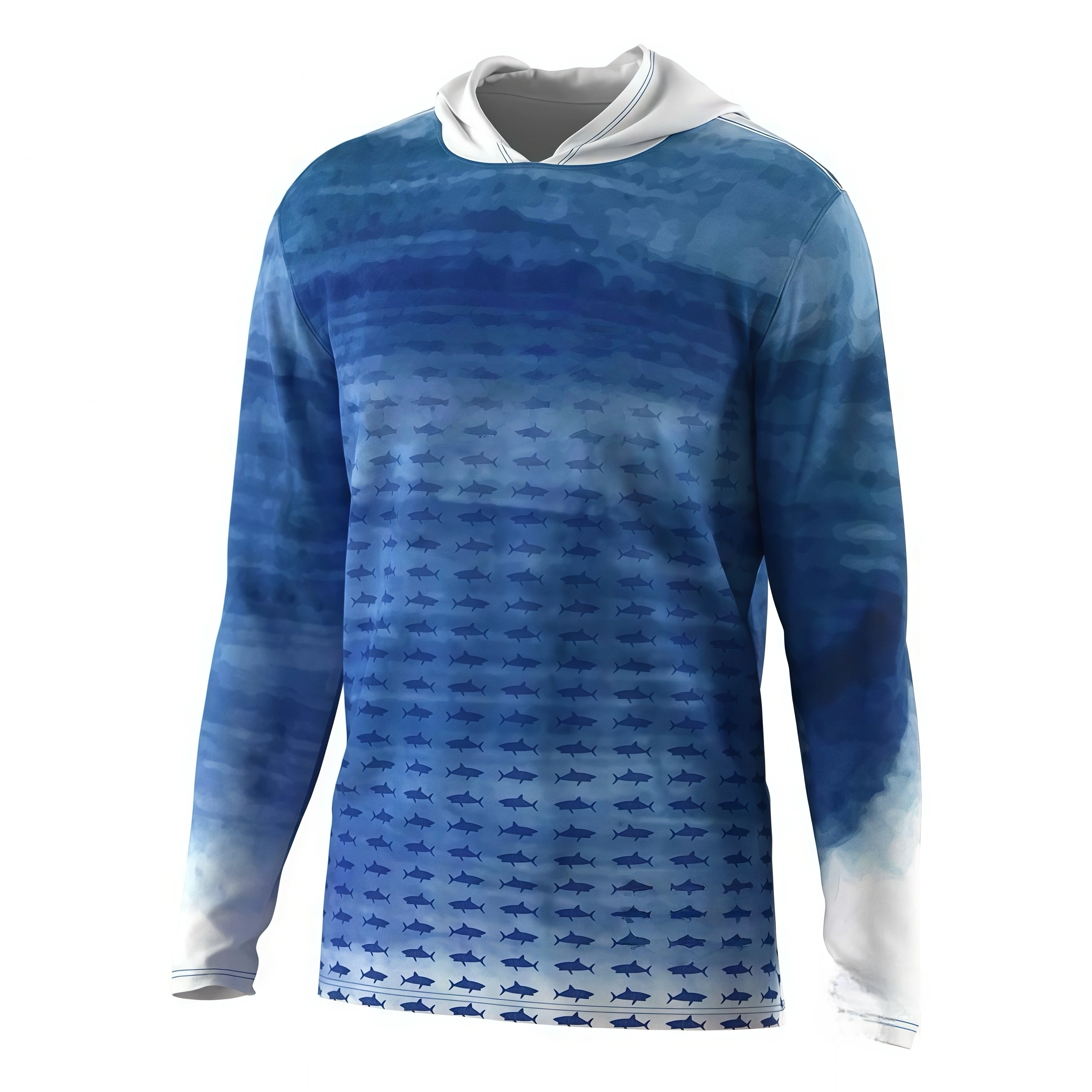 Camisa de pesca con capucha y protección solar UPF personalizada con degradado de cuadrícula azul y blanco - Diseño de Dery para pescadores 1