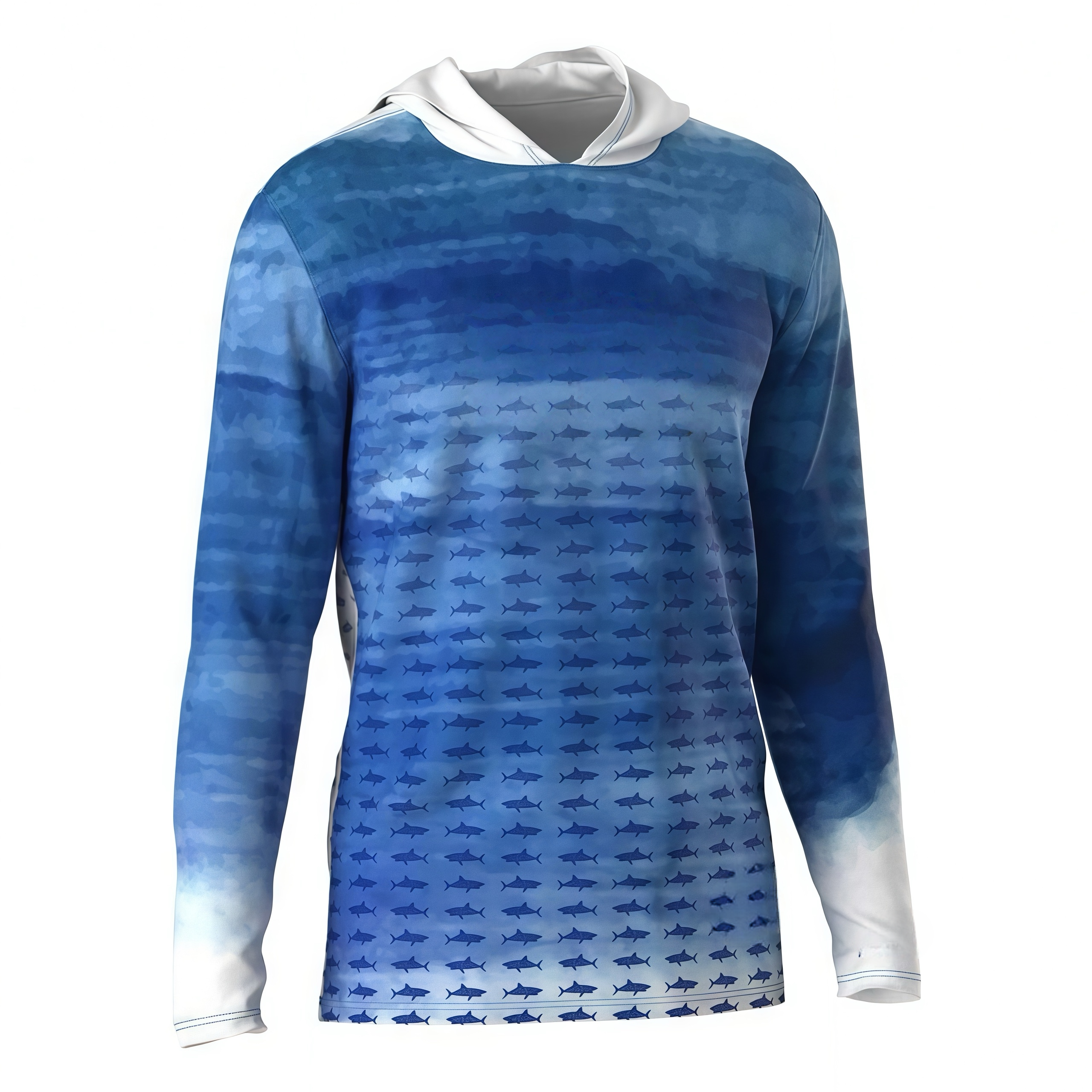 Custom Blue-White Grid Gradient Hooded UPF Fishing Shirt - Designed Sun Protective Angler Apparel by Dery 2