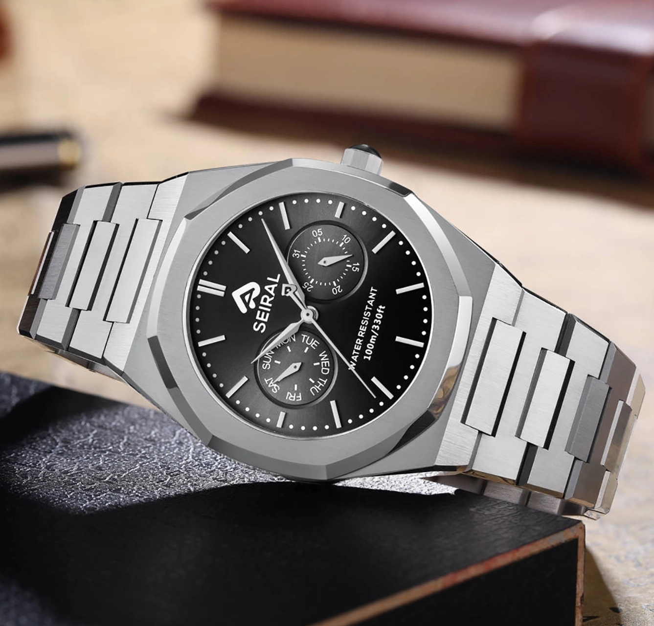Custom Stainless Steel Black Quartz Watch SEIRAL 10ATM 100 M 14.0mm*25.0mm 2