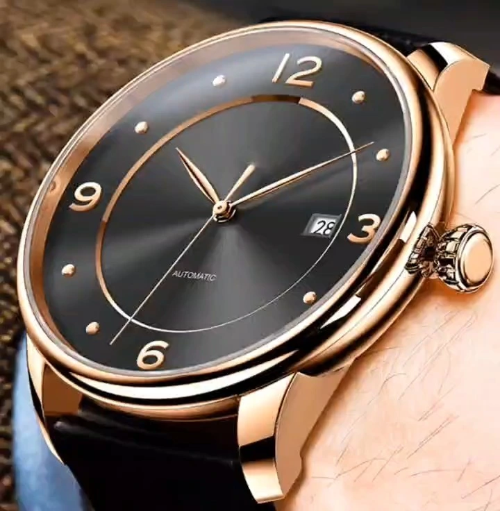 Rose gold color men automaic watches black sun effect Italy leather strap men watches sapphire glass men rose gold stainless steel watch 1