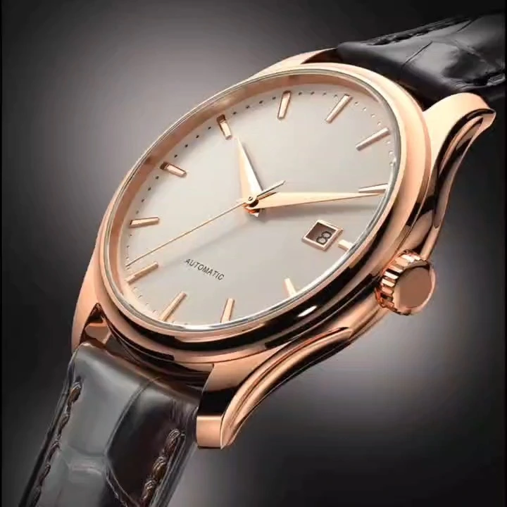 Men 316L Stainless steel automaic movement rose gold men automaic watch factory brown Itlay leather simple 3D index white dial high quality men stainless steel watch factory 1