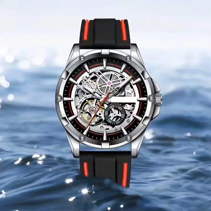 High quality silicone strap 316L stainless steel watch case red color silicone strap china automaic machine stainless steel men watch factory 1